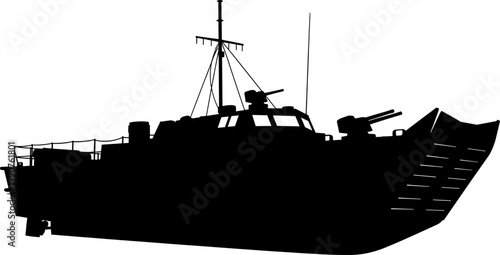 Military landing craft profile showing armored hull and deck mounted machine guns