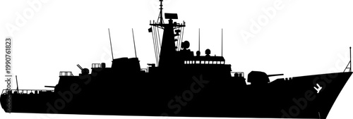 Modern frigate shadow displaying advanced radar systems and forward mounted cannon