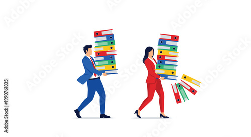 A determined businessman in a blue suit and a businesswoman in red carry heavy stacks of colorful folders as some documents fall against a minimalist white backdrop.