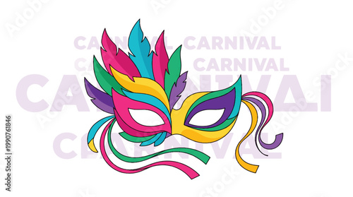 Vibrant mardi gras carnival mask with colorful feathers and ribbons on white background