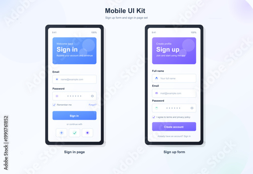 Mobile UI kit with two smartphone screens showing sign in and sign up forms, gradient cards, input fields, and buttons on light background