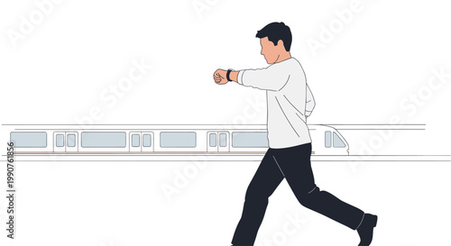 A young man wearing a crisp white shirt and dark trousers runs quickly along a station platform while checking his watch near a passing subway train with a minimalist design.