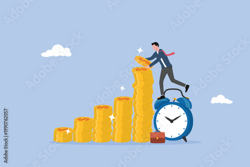 Businessman on alarm clock put more dollar coin money to increase his savings, tax time reminder concept, long-term investing or savings for retirement fund, compound interest or investment growth.