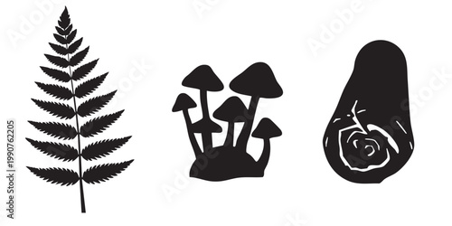 Woodland Fern, Mushrooms, and Log Silhouettes