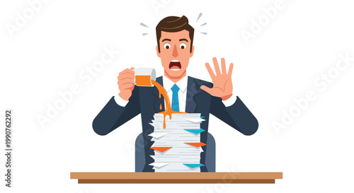 A panicked businessman in a formal dark professional suit spills a cup of hot amber liquid onto a large stack of important office documents and files on a desk in a clean room.