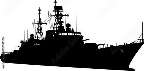 Naval destroyer silhouette equipped with multiple weapon stations and communication towers