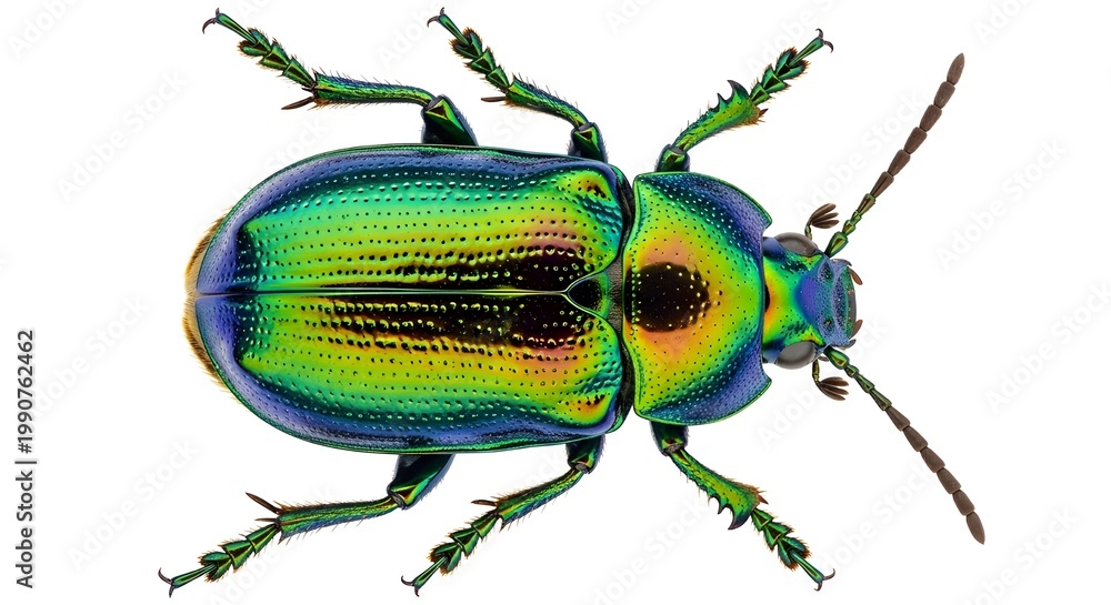 Obraz premium Stunning close up view of a vibrant iridescent jewel beetle displaying beautiful metallic green and purple colors on a clean white background