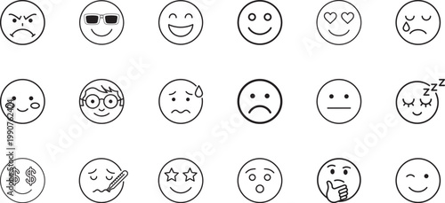 Emoticons set. Emoji faces collection. Emojis flat style. Happy and sad emoji. Line smiley face - stock vector.