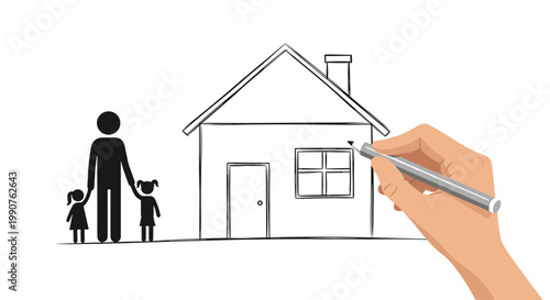 A realistic human hand uses a grey marker to meticulously draw a simple house outline next to a black silhouette of a father and children on a white background.