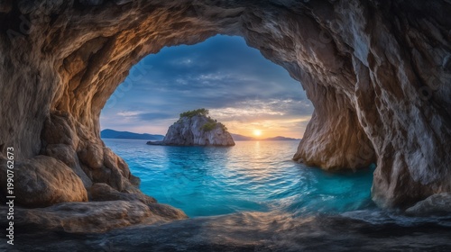 Framed by nature: a cinematic perspective looking through a dark, dramatic cave entrance toward a sun-drenched tropical beach and turquoise ocean, perfect for adventure travel and mystery themes.