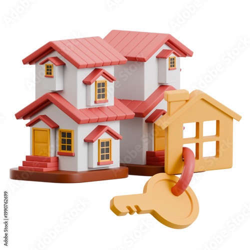 3D illustration of a detached house with a key, symbolizing real estate ownership and home buying
