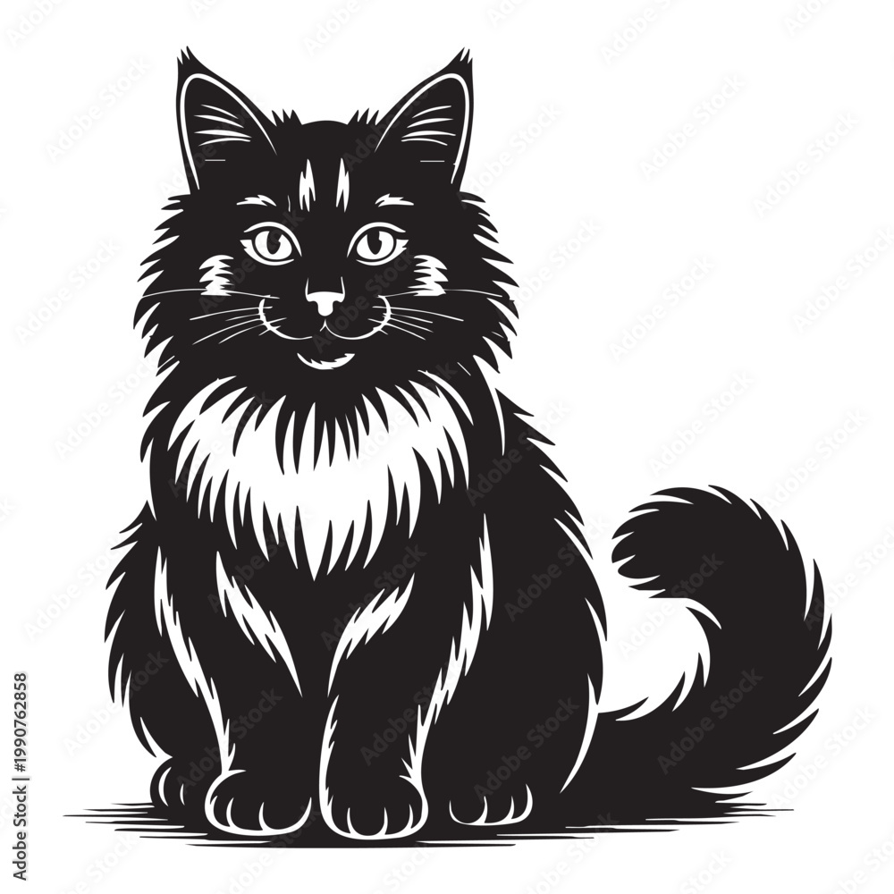 Obraz premium Black silhouette of a sitting fluffy cat vector illustration