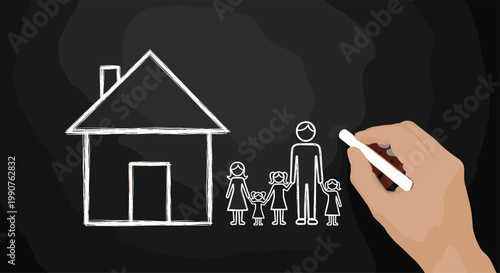 A human hand carefully uses white chalk to sketch a stick-figure family and a large house on a textured dark black chalkboard background in a classroom setting.