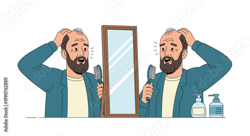 A mature bearded man looks distressed in a mirror while examining his thinning hair and holding a blue hairbrush in a bright bathroom setting against a white background.