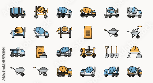 Construction Industry Icons Cement Mixer Trucks Dump Trucks Wheelbarrows Shovels Safety Helmet Concrete Mixer Truck