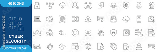 Cyber Security Icon Set. Containing Data Protection, Network Security, Privacy, Encryption, Firewall, Hacking, Malware, Antivirus and More. Editable Stroke. Vector Illustration
