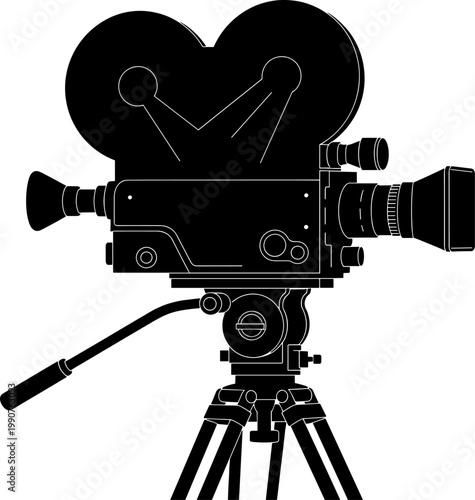 Retro movie camera silhouette on tripod for filmmaking