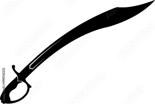 Scimitar silhouette with curved blade and knuckle bow guard