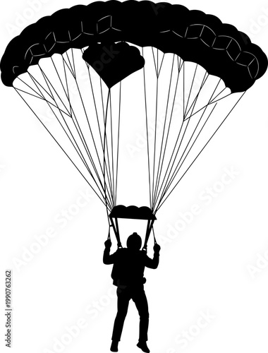 Skydiver paratrooper silhouette descending with open canopy