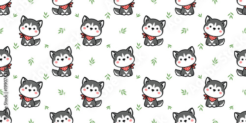 Seamless pattern of cute kawaii siberian husky with a scarf sitting cartoon, vector illustration