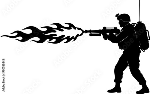 Soldier silhouette operating a flamethrower in combat