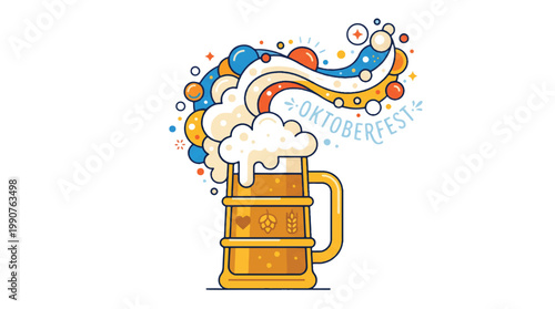 Oktoberfest beer mug with foamy head and colorful decorations celebrating german culture and tradition