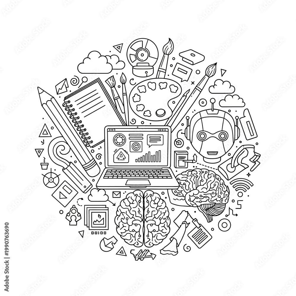 Obraz premium Creative Process and Technology Integration Doodle Illustration.