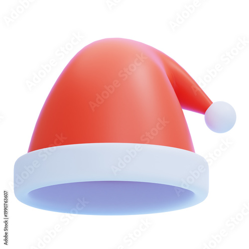 A vibrant 3D illustration of a classic Santa hat, featuring a soft white pom-pom and trim, perfect for festive holiday designs and winter celebrations