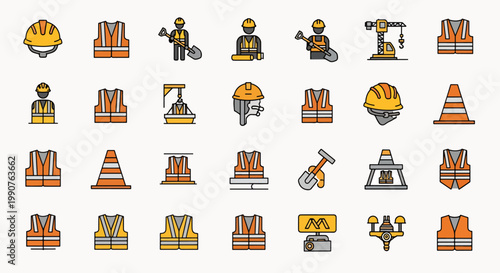 Construction worker safety equipment and tools collection vector flat icons, including hard hat, safety vest, crane, and traffic cone