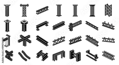 Isometric construction elements and structural components, including columns, trusses, and beams, presented on a white background