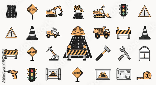 Set of construction and road work icons including traffic lights, excavators, dump trucks, cones, and safety signs.