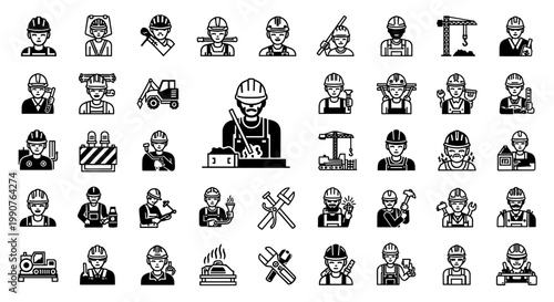 Set of Construction Worker Icons representing diverse labor activities in various industrial settings, isolated on white