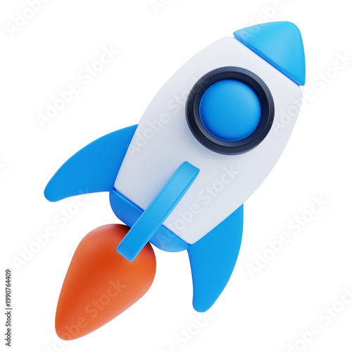 3D cartoon rocket ship blasting off with orange flames, symbolizing new beginnings, rapid growth, and successful ventures in a clean, white background