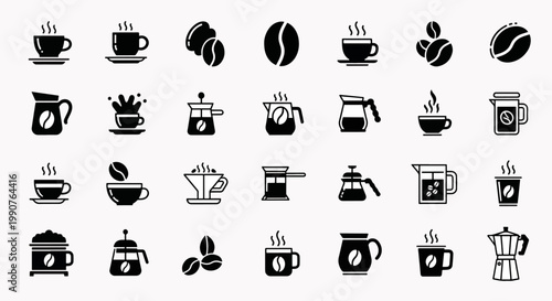 Collection of Coffee Icons and Symbols Featuring Cups, Beans, and Brewing Equipment for Beverage Design