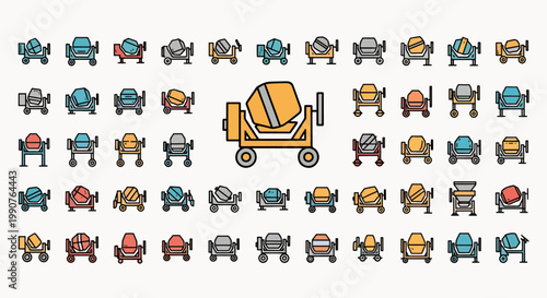 Collection of colorful concrete mixer icons in flat design style, various types and colors, isolated on white background.