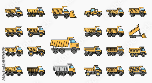 Collection of Colorful Dump Trucks and Construction Vehicles Icons for Heavy Duty Transportation and Industry Designs