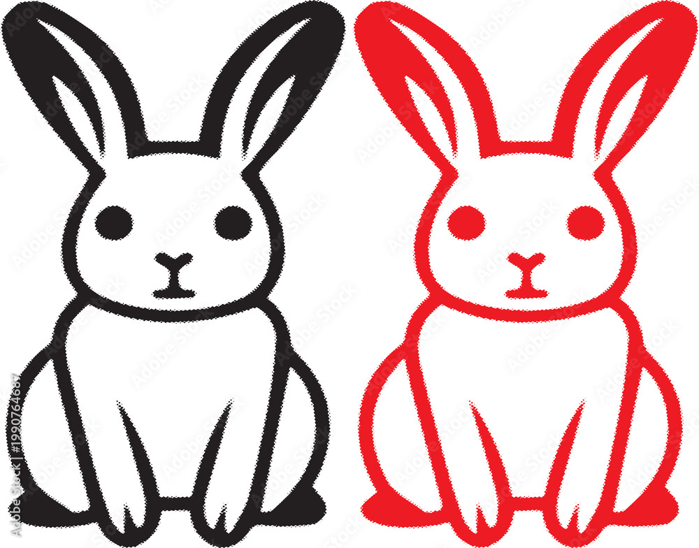Obraz premium Cute pair of bunny line art illustration in minimal style. Two rabbits sitting facing each other, clean outline drawing perfect for kids design, logo, sticker, coloring page, and print use