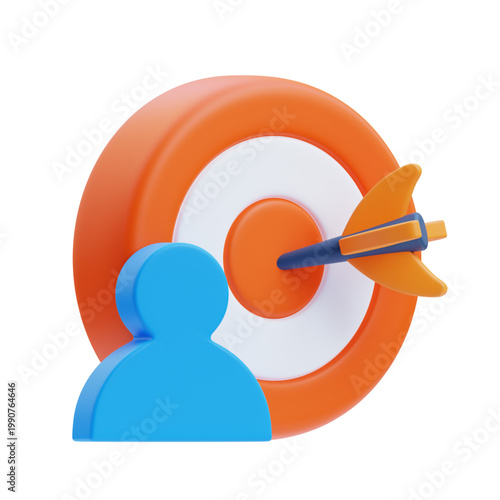 3D illustration of a blue person icon in front of an orange target with an arrow hitting the bullseye, representing success and goals