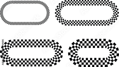 A set of four checkered border frames in black and white, perfect for racing, sports, or competition designs, with a flat design style.