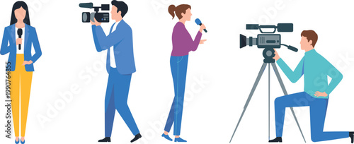 News reporting team with journalists cameramen and live broadcasting scene