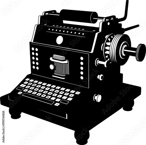 Antique cryptographic cipher machine silhouette with keyboard