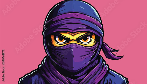 Intense Ninja Portrait with Piercing Gaze and Purple Mask.