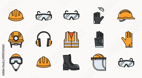 Collection of safety equipment icons including hard hats, goggles, ear protection, vests, gloves, and boots for industrial protection
