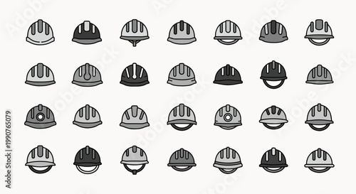 Collection of Safety Hard Hat Icons in Various Grayscales and Styles for Construction and Industrial Use