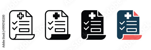 Medical health record form icon set with checklist and cross