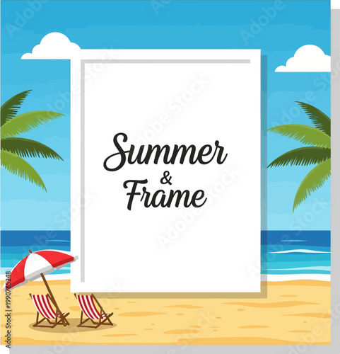 Summer frame with beach chairs and umbrella for vacation vibes.