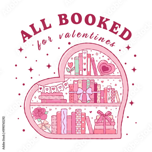 All booked for Valentine s day vector, I love books, Shelves of books in the form of heart, Flat sticker of heart bookshelf Vector