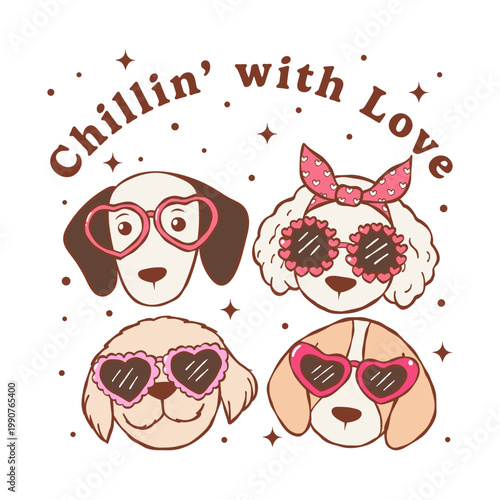 Valentine dog faces vector, Puppy wearing heart sunglasses, Groovy Valentine dogs, Trendy hippie puppy lover Vector