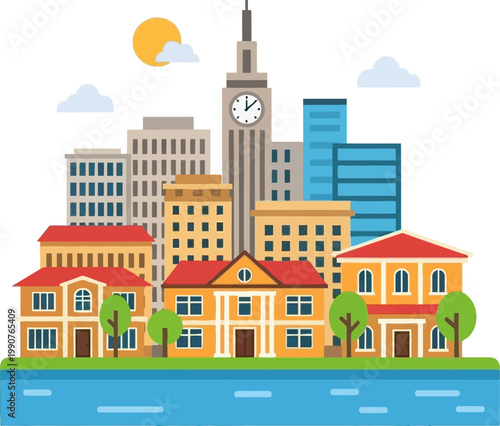 Vibrant Cityscape with Houses and Skyscrapers in Flat Design.
