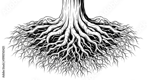 Detailed Tree Roots Illustration in Black and White Ink Style